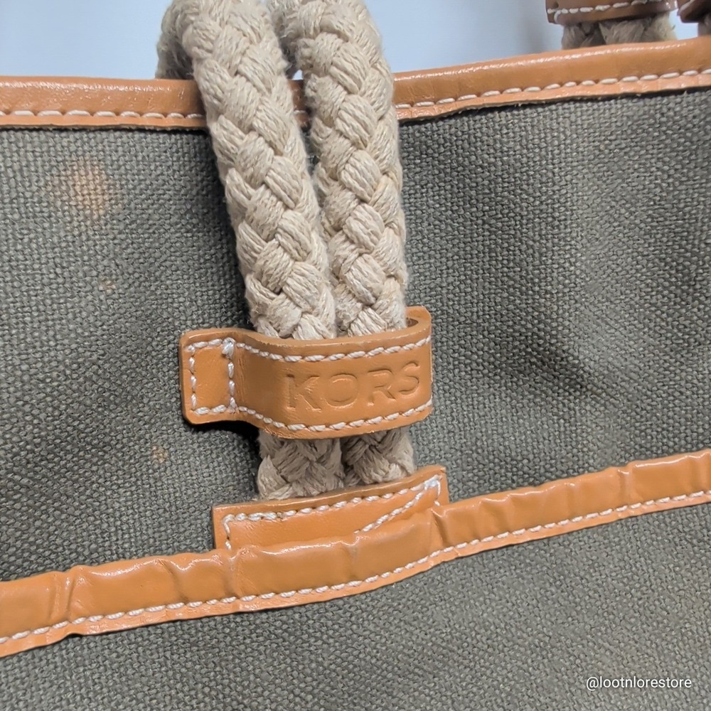 Michael Kors KORS Canvas Tote Bag Olive Green Rope Handle Nautical Shoulder Bag - Picture 2 of 6